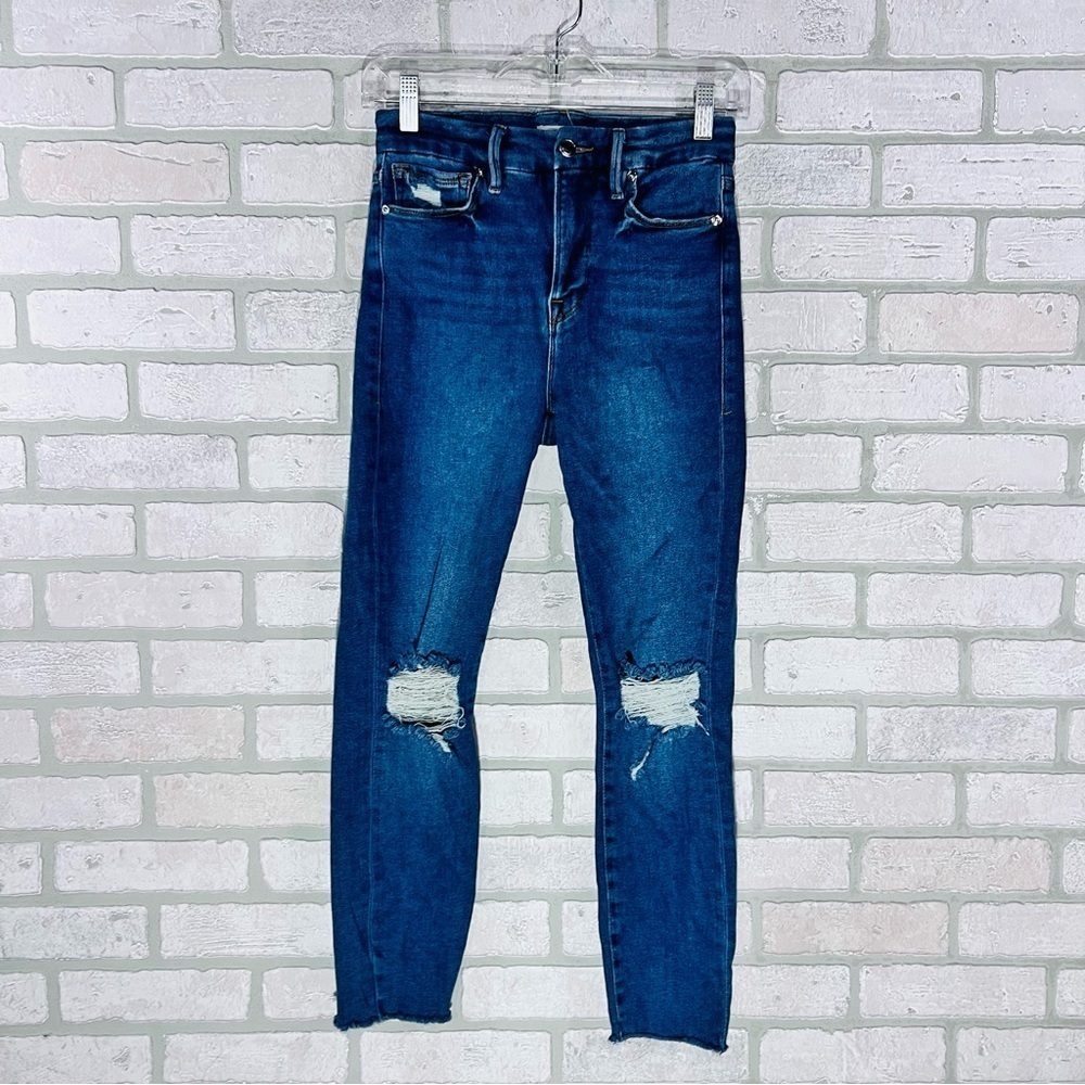 Good American Good Waist Crop Distressed Raw Hem Skinny Jeans Blue 533 Size 2/26 - Picture 4 of 9